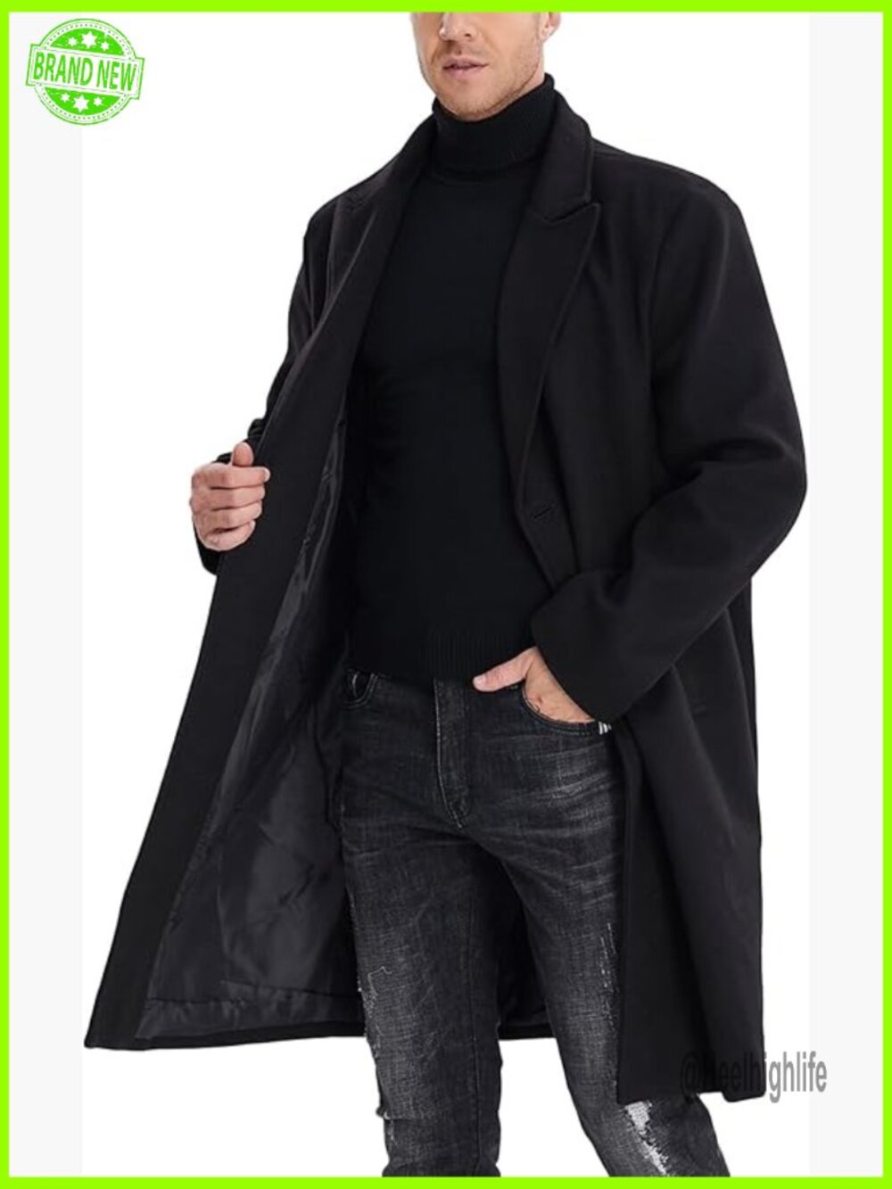 Men's Wool Blend Slim Fit Pea Coat Notched Collar Long Overcoat